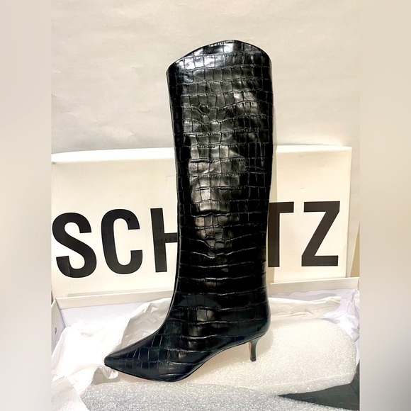 Schutz NWT 8.5 Black Maryana Lo Boots Croc embossed black leather - Picture 1 of 7
